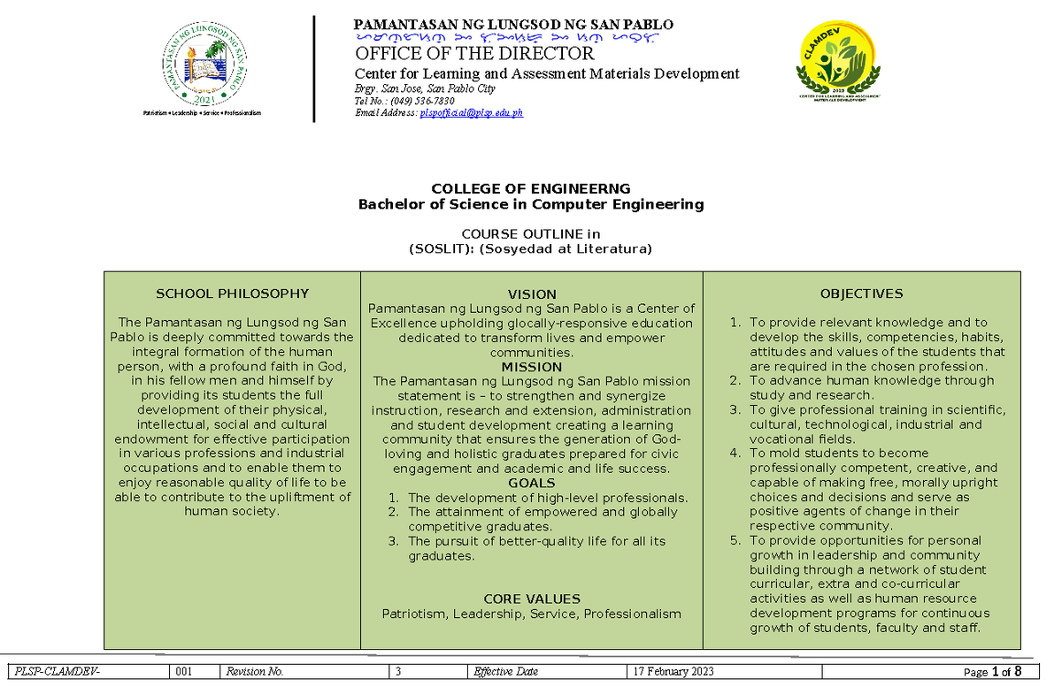 PLSP-CO-SOSLIT: Course Outline for Sosyedad at Literatura (SOSLIT ...