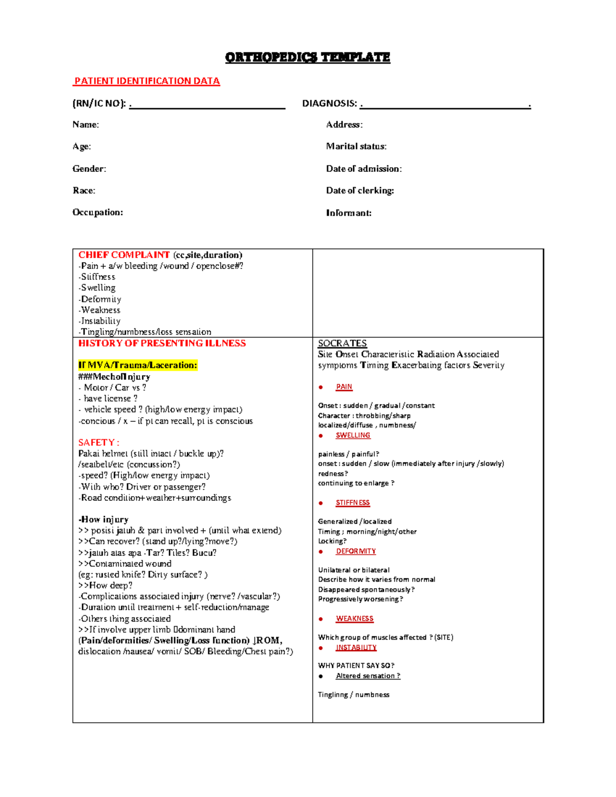 Orthopaedics HT Template - ORTHOPEDICS TEMPLATE PATIENT IDENTIFICATION ...