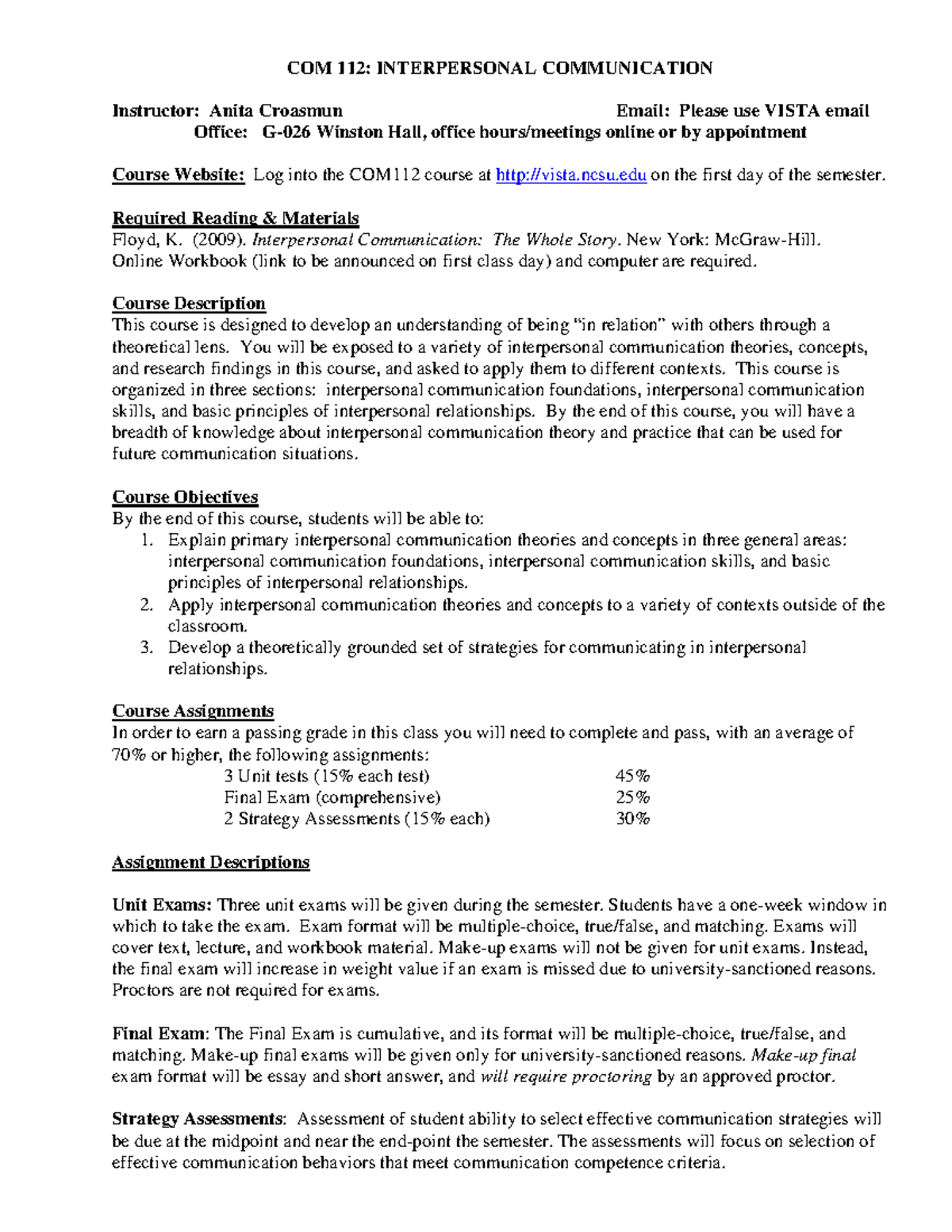 COM 112 - Syllabus for Interpersonal Communication Course - Studocu