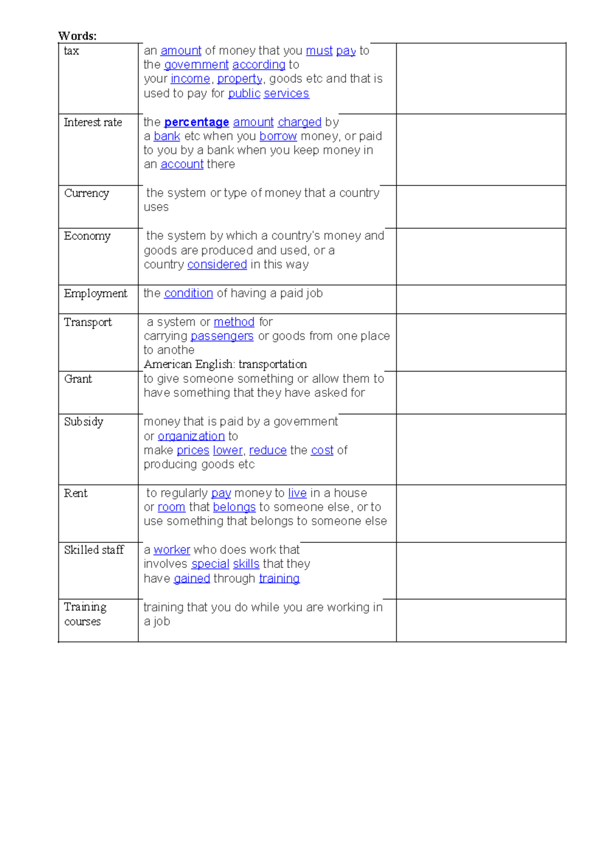 BE- Unit 1 - Vocabulary List for Economics and Employment - Studocu