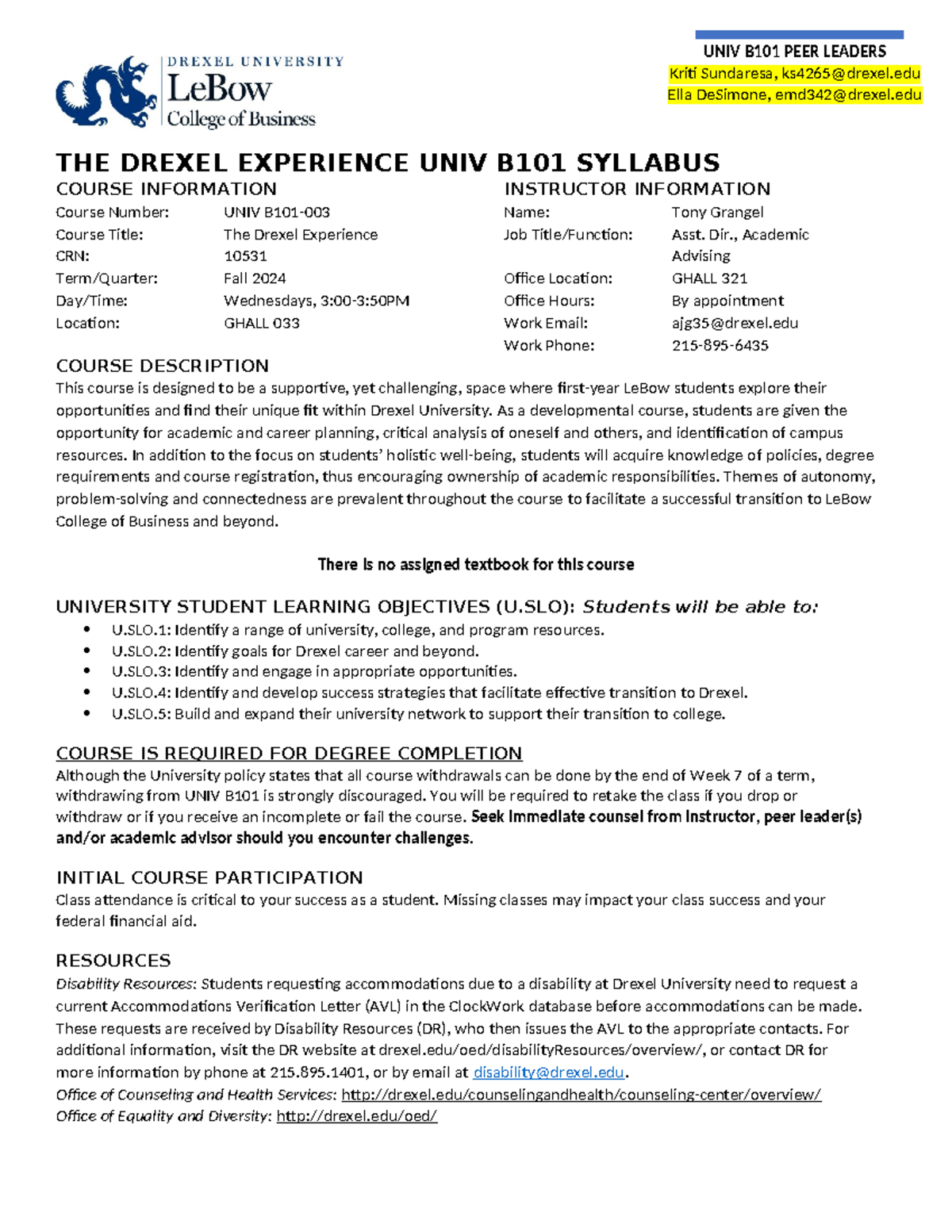 UNIV B101 Fall 2024 Syllabus for Peer Leadership Sec 3 - Studocu
