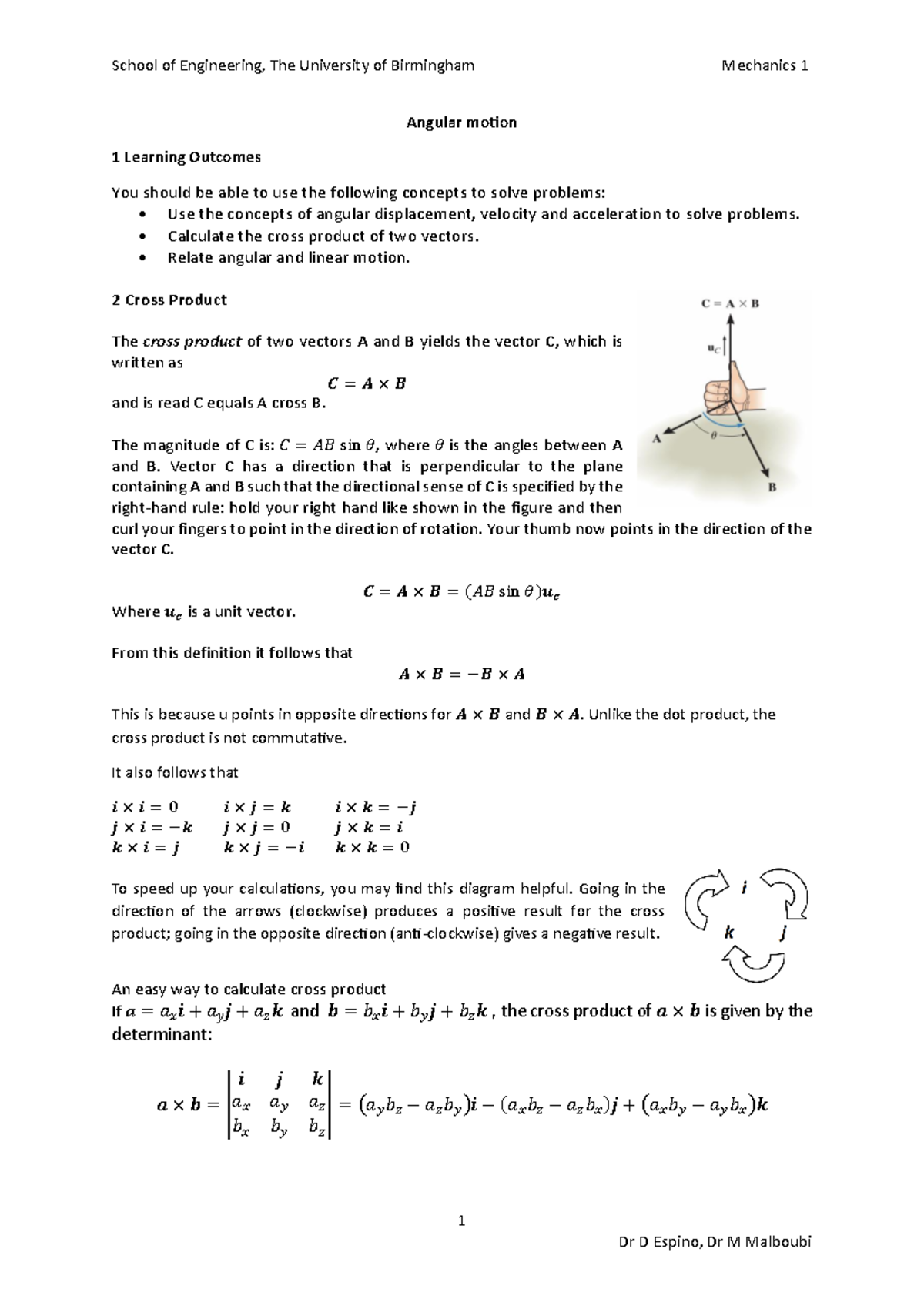 Mechanics 1: Angular Motion Concepts and Calculations for ENGR1031 ...