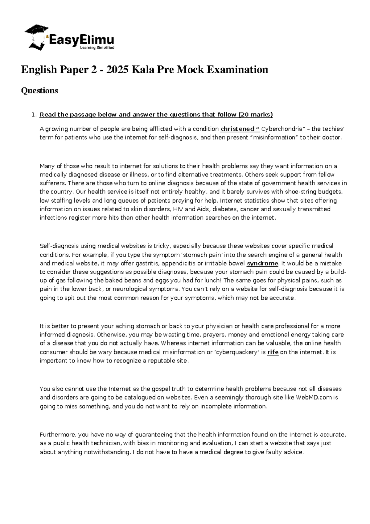 English Paper 2 - 2025 Kala Pre Mock Exam Questions and Answers - Studocu