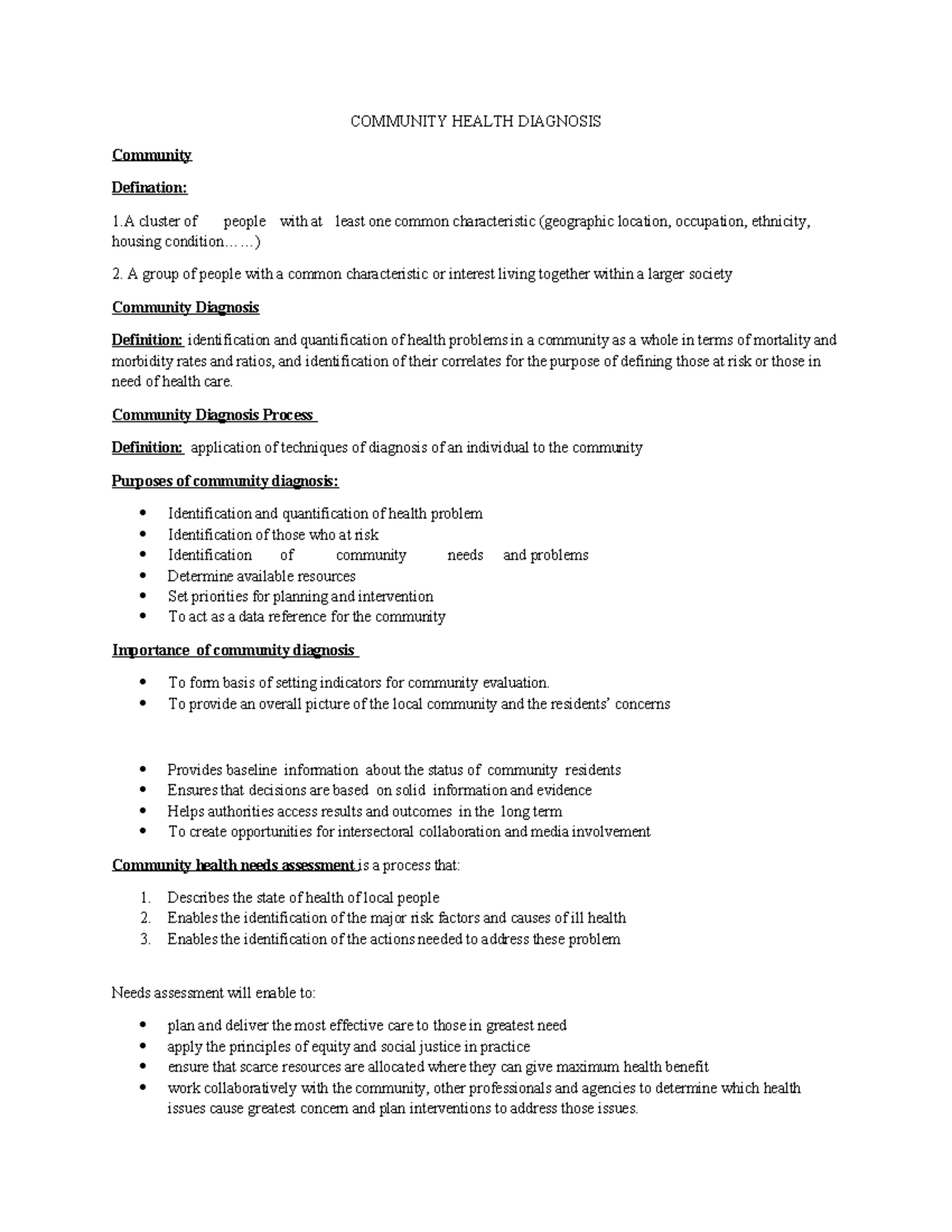 COMMUNITY HEALTH DIAGNOSIS: Understanding Needs & Assessment (CHD NTS ...