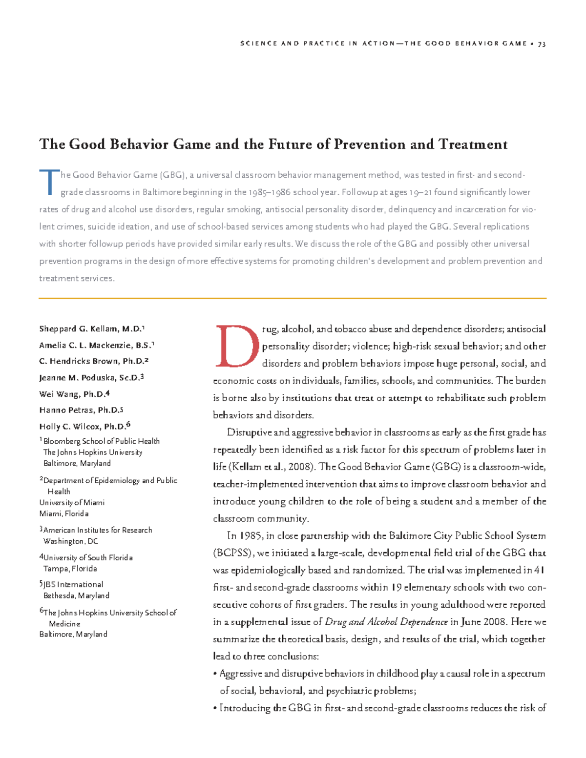 The Good Behavior Game (GBG): Classroom Impact & Long-term Outcomes ...