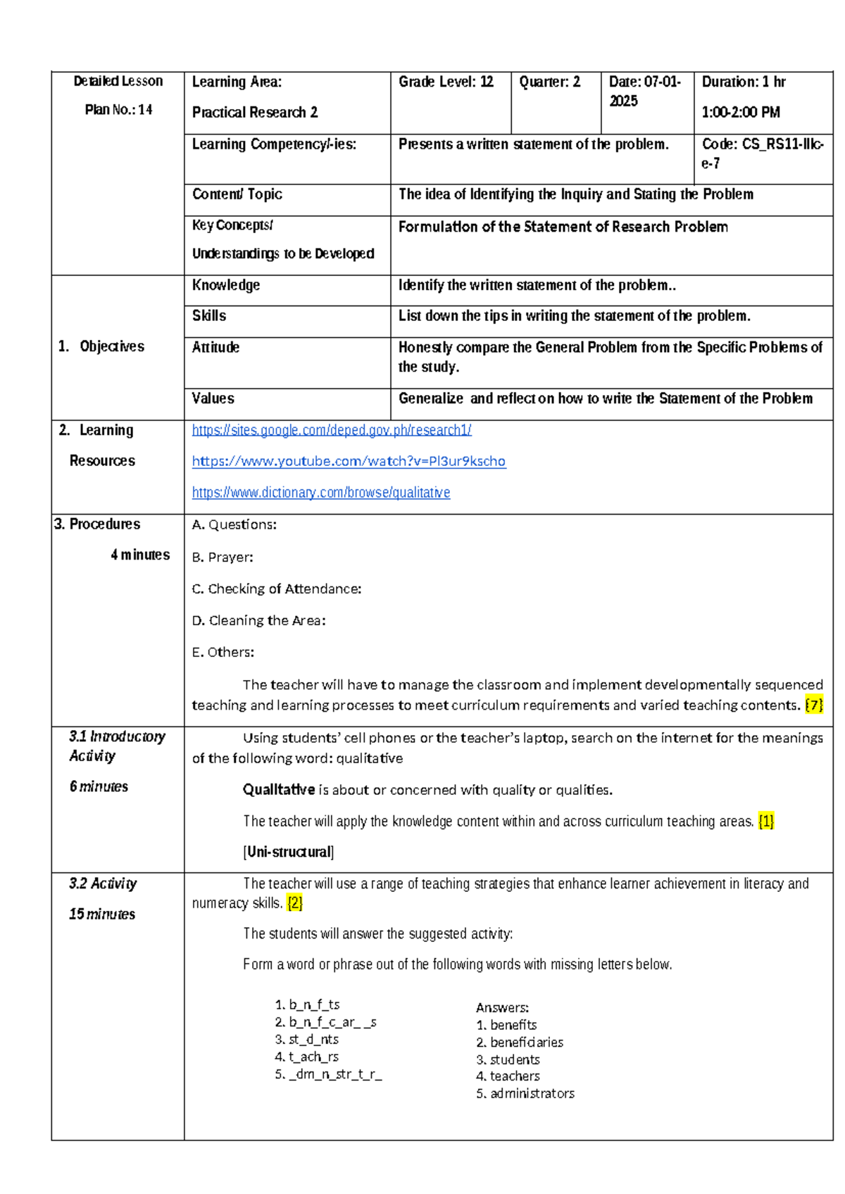 Practical Research 2 Lesson Plan: Writing the Statement of the Problem ...
