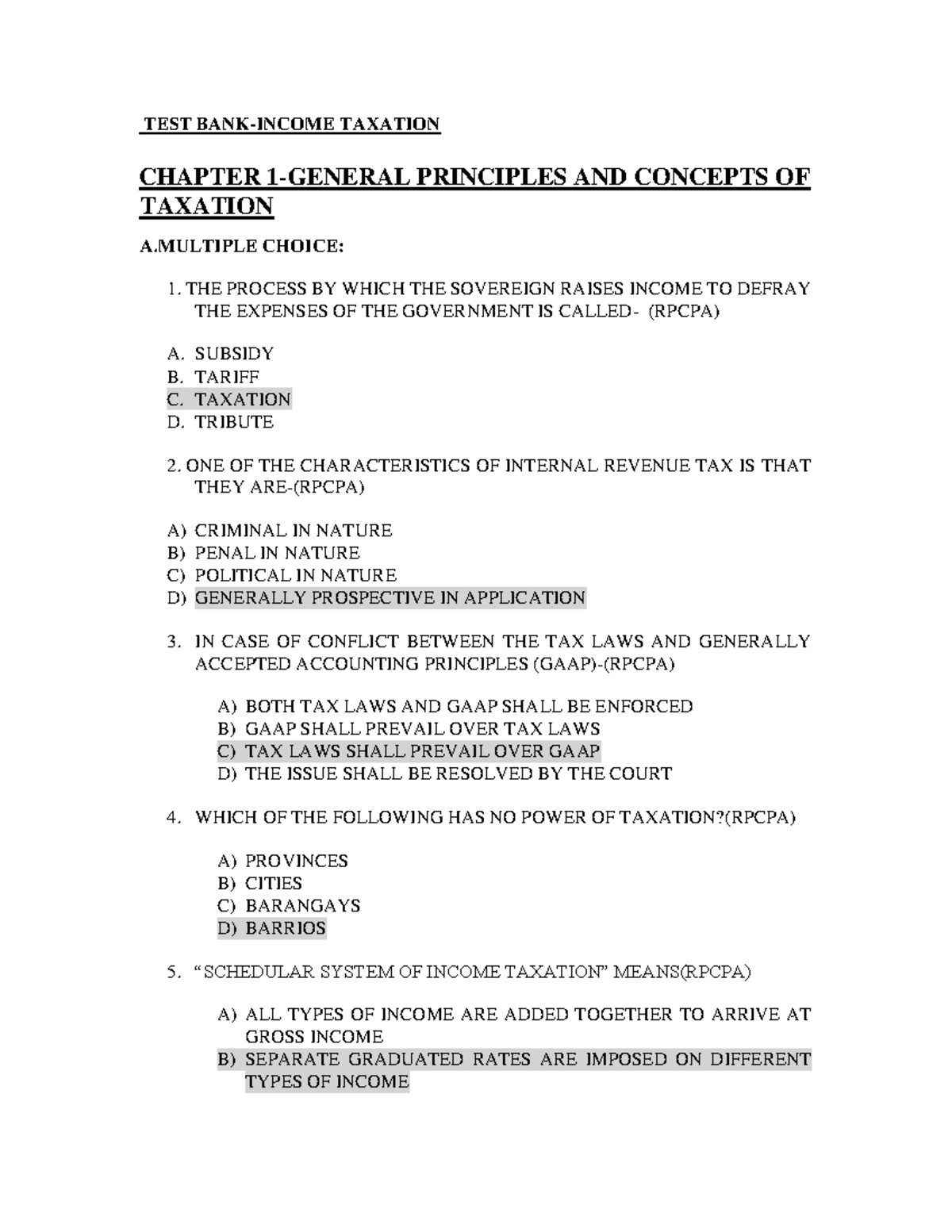 Test Bank: Income Taxation (RPCPA) - Multiple Choice Questions - Document Preview