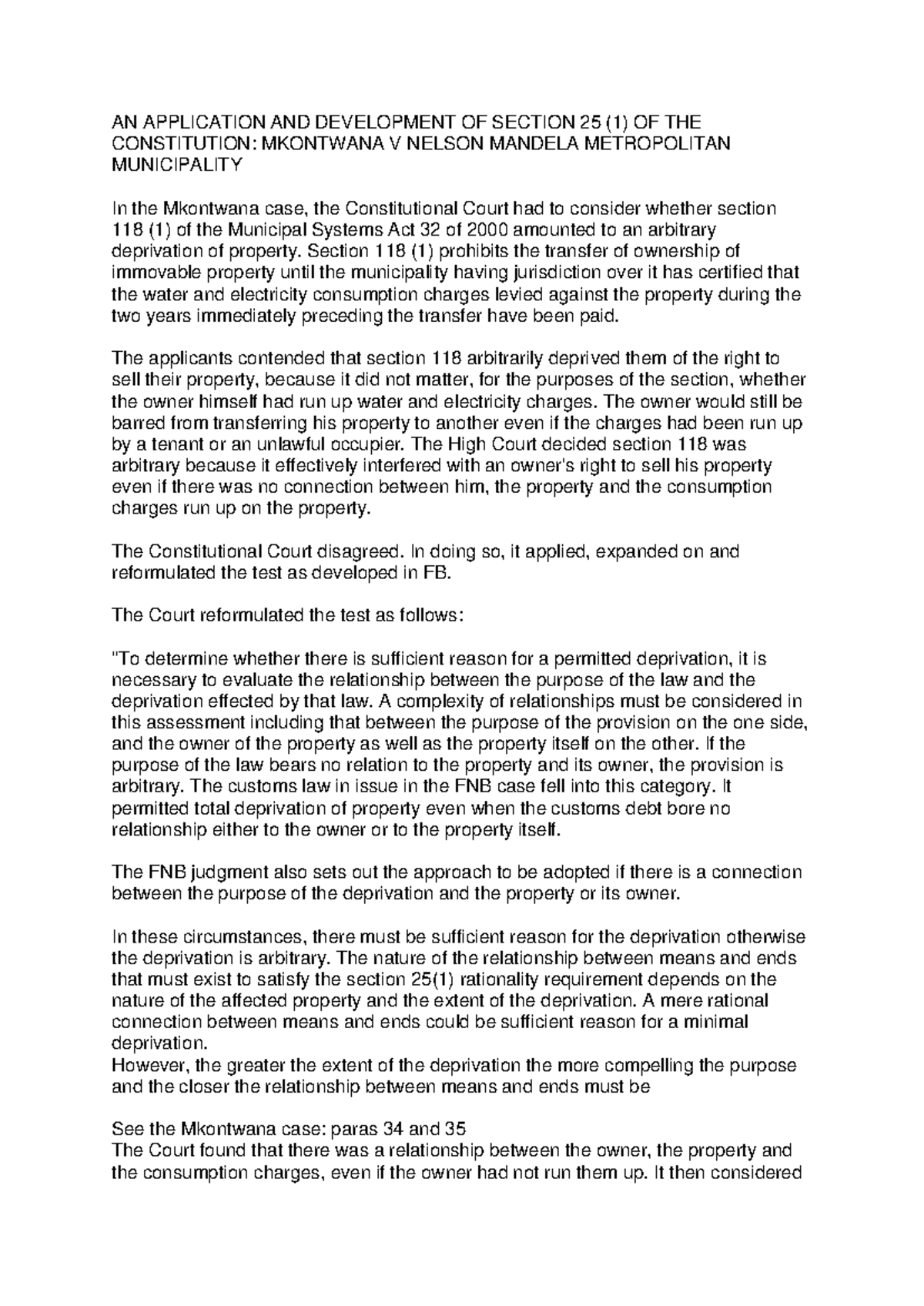 Analysis of Section 25(1) of the Constitution: Mkontwana Case Review ...