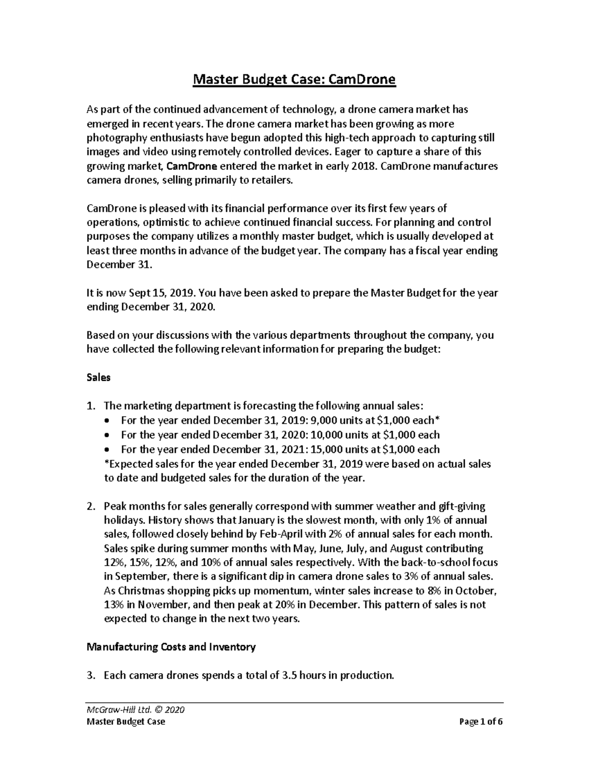 Master Budget Case Study for CamDrone: Planning for 2020 - Studocu