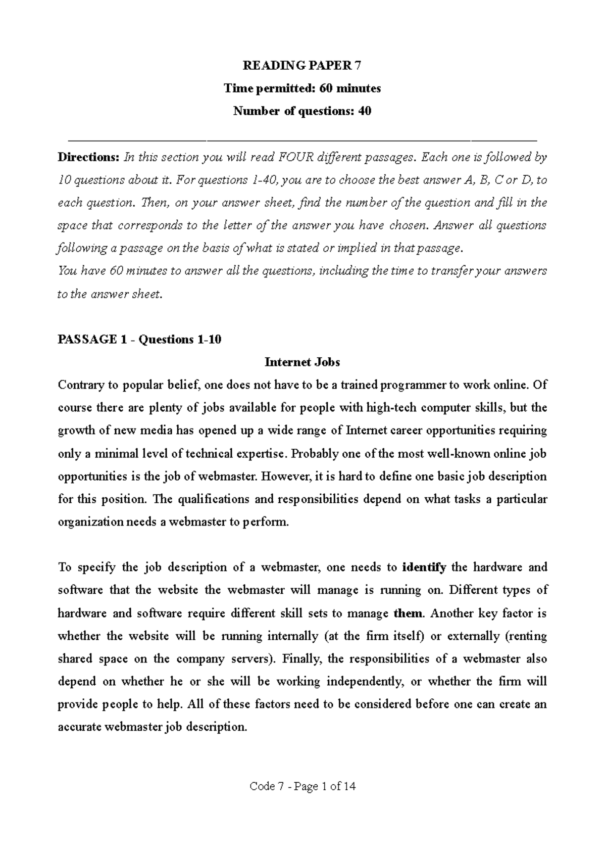 TEST 7 - Reading Comprehension Practice with 4 Passages and Questions ...