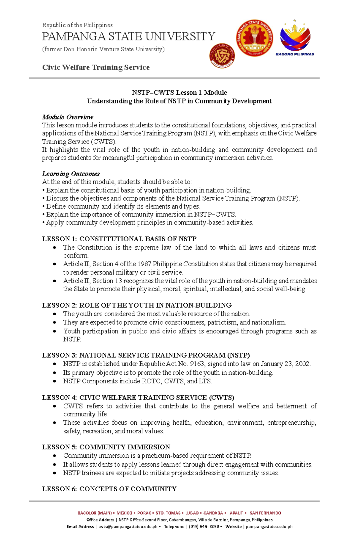 CWTS 2 Lesson 1-5: Understanding NSTP & Community Development - Studocu