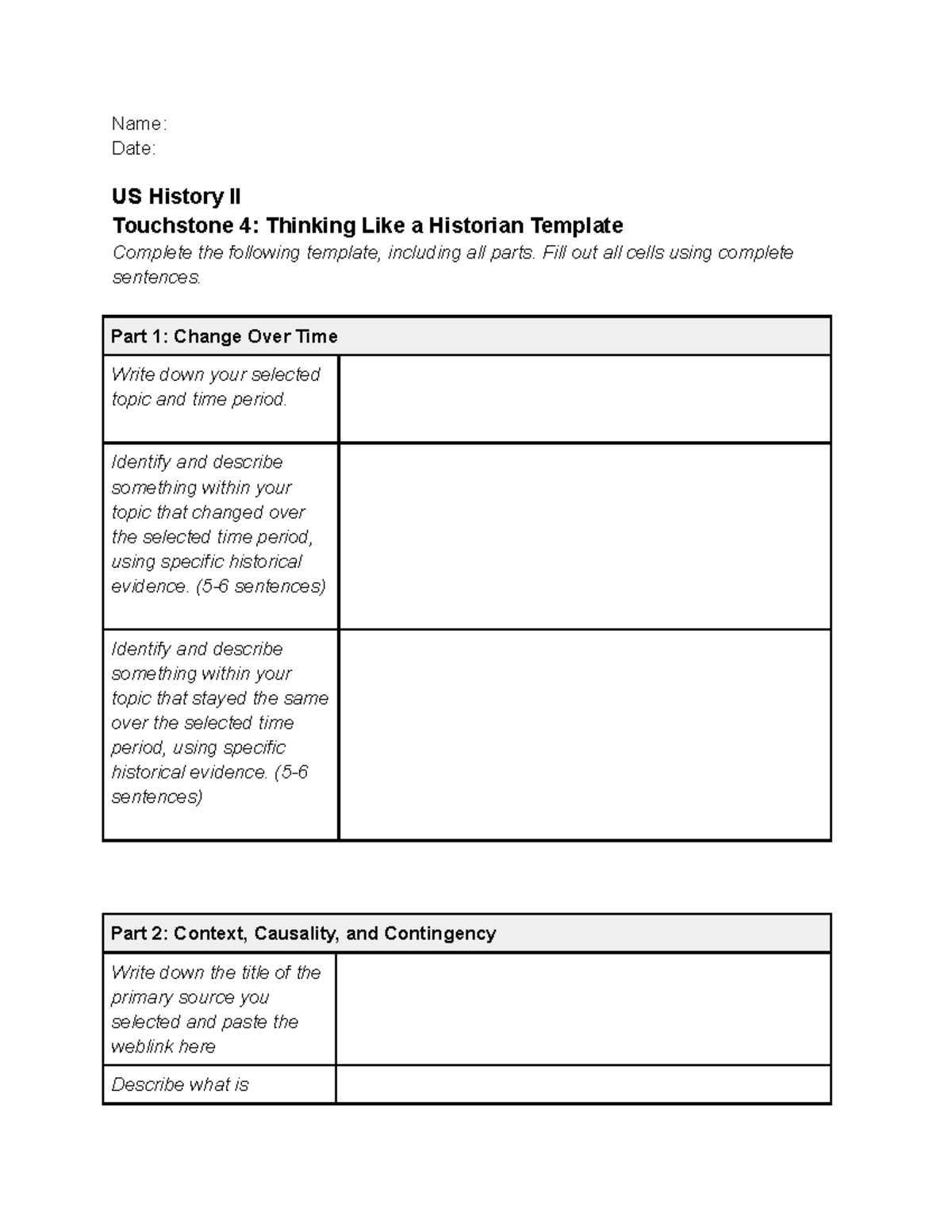 US History II Touchstone 4: Historian Thinking Template - Studocu