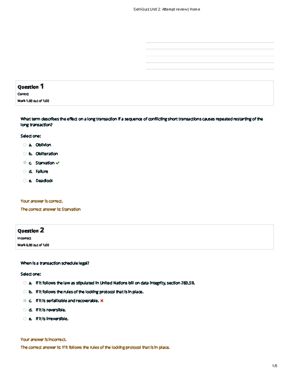 Self-Quiz: Unit 2 Attempt Review on Transaction Management - Studocu
