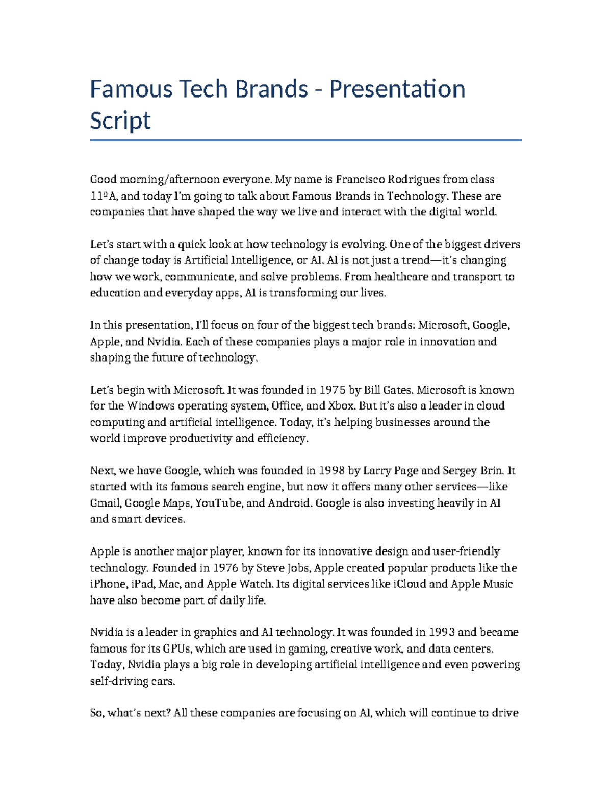 Famous Tech Brands Presentation Script for 11ºA Class - Studocu