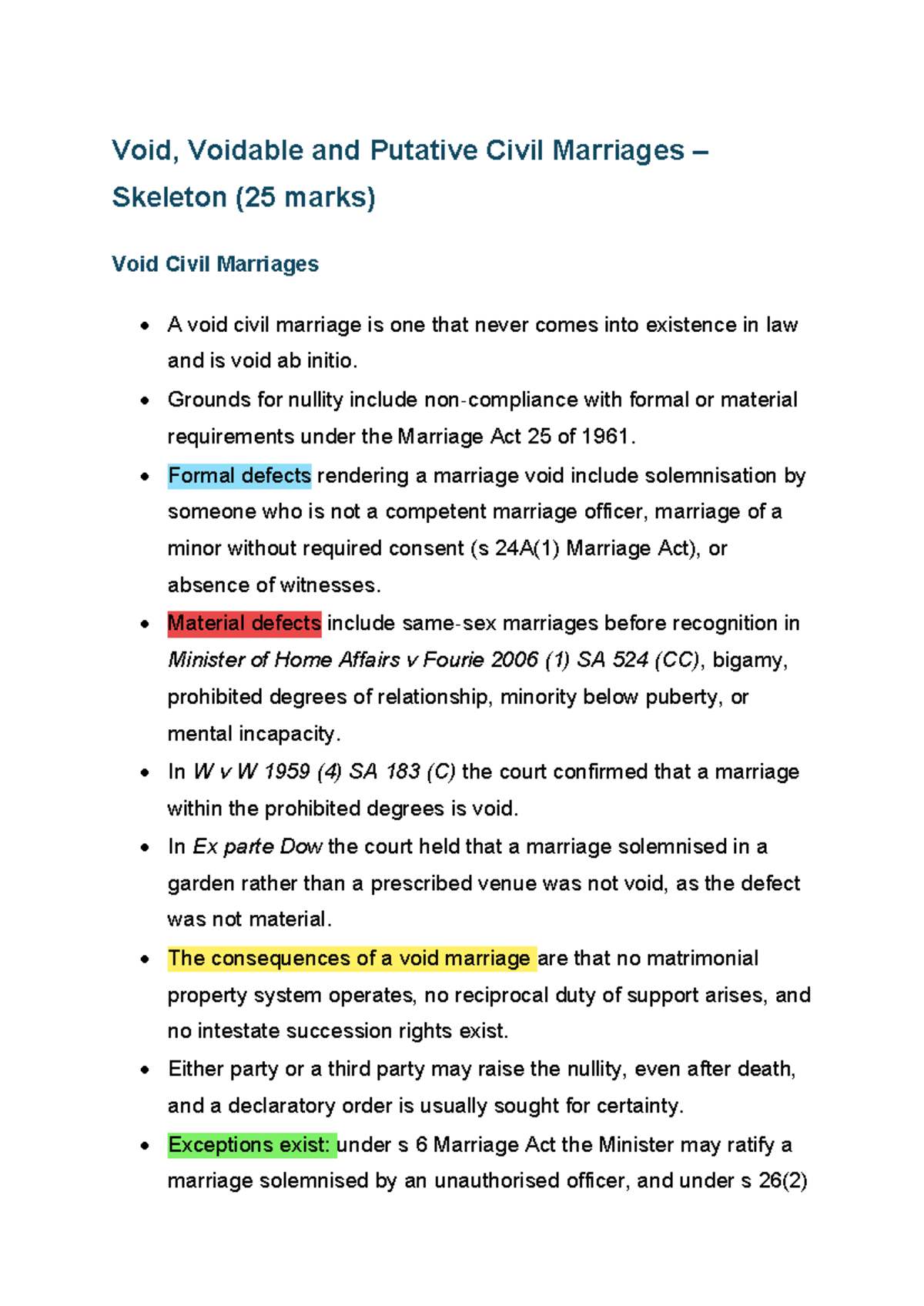 VVP 25 Marks Exam: Void, Voidable & Putative Civil Marriages - Studocu