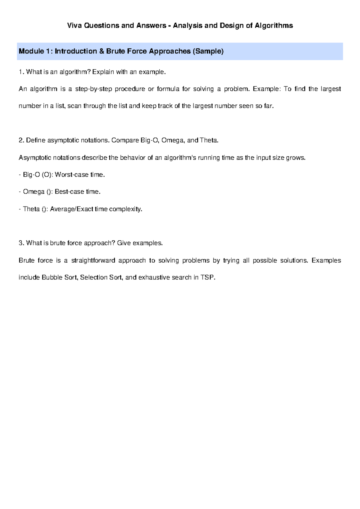 ADA Viva Questions and Answers: Module 1 - Brute Force Approaches - Studocu