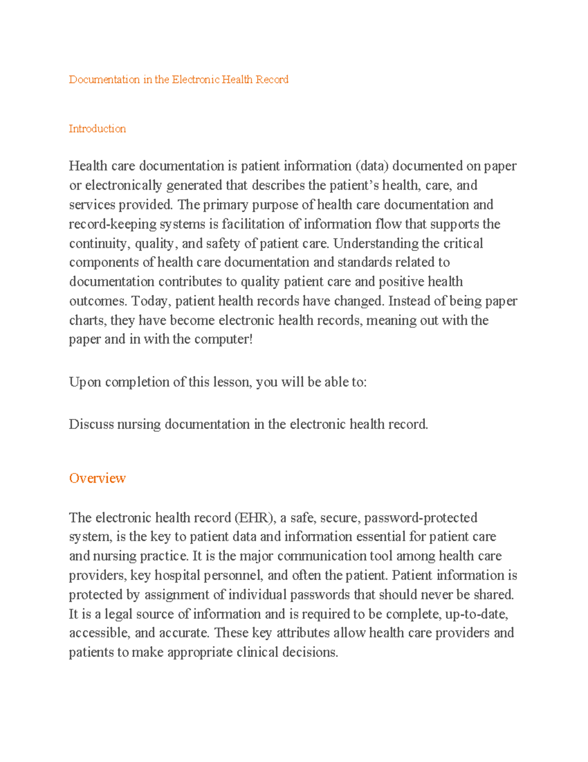 NUR 101: Documentation in the Electronic Health Record - A ...