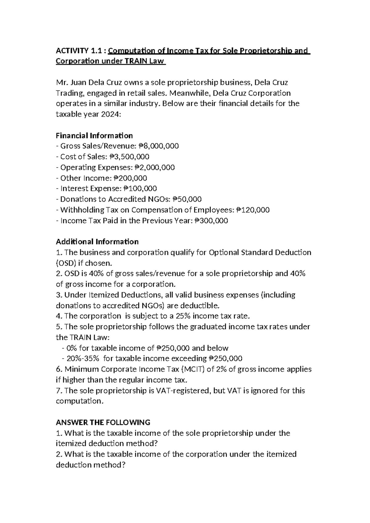 Income Taxation QUIZ 1 Problem Intacc - Problem: Scenario: An ...