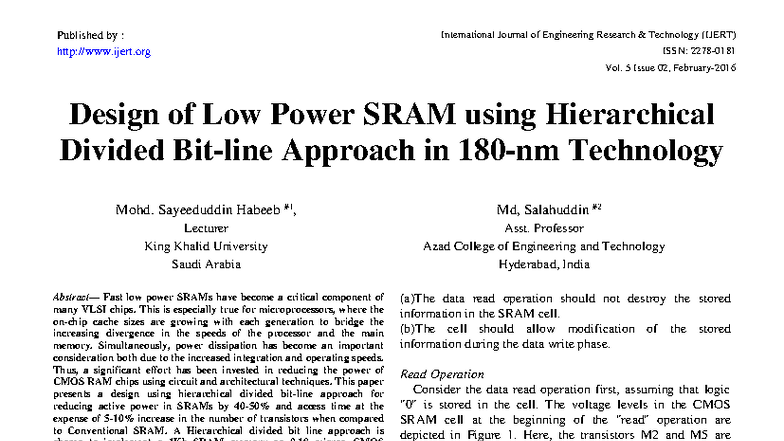 Design of Low Power SRAM Using Hierarchical Divided Bit Line Approach ...