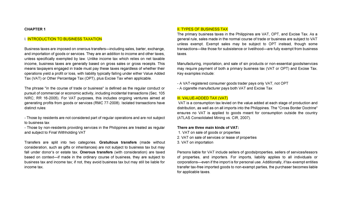 BUS 101: Chapter 1 - Introduction to Business Taxation - Studocu
