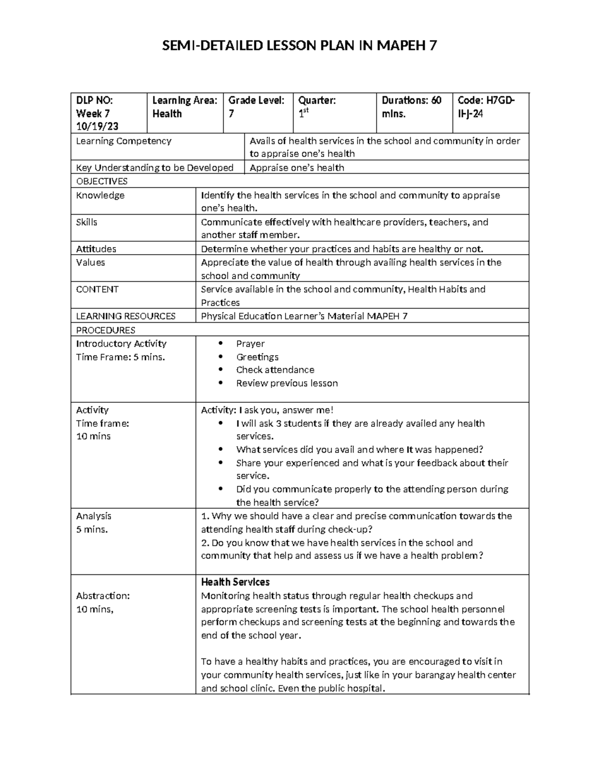 Semi-Detailed Lesson Plan for Health 7: Availing Health Services - Studocu