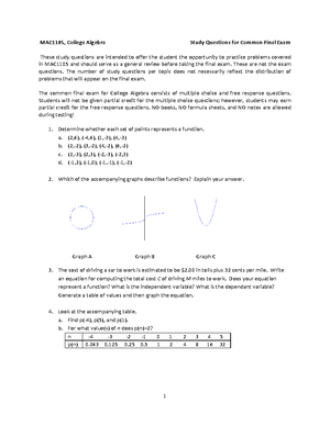 MAC 1105 College Algebra Practice Final Exam Review Guide - Studocu