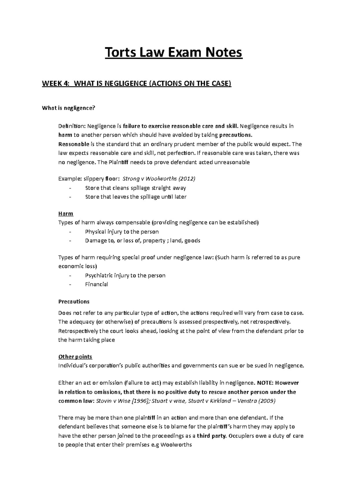 Torts Law Exam Notes - Understanding Negligence and Duty of Care - Studocu