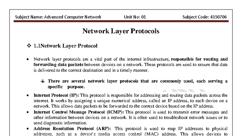 Advanced Computer Network (4350706) Unit 1: Network Layer Protocols ...