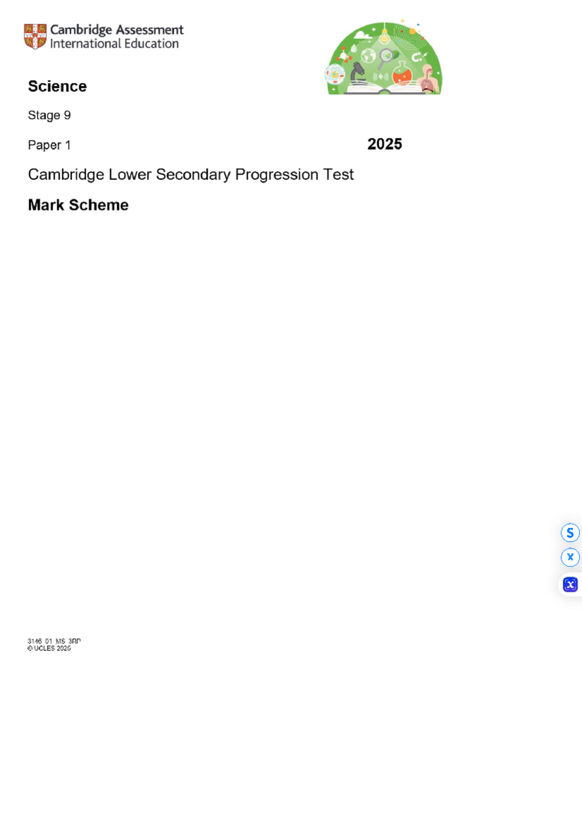 Science Stage 9 Paper 1 Mark Scheme 3146_01_MS_3RP UCLES 2025 - Studocu
