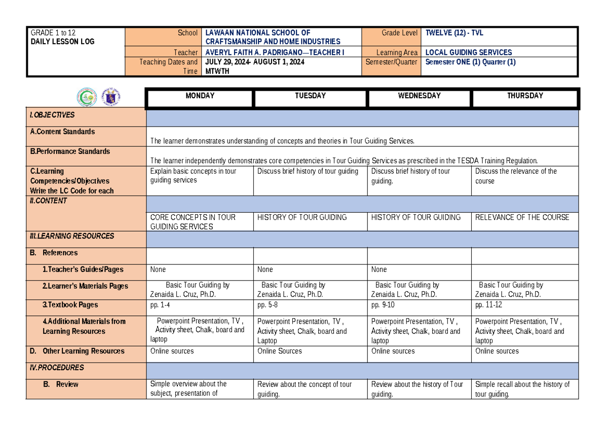 Q1 - LESSON LOG - GRADE 1 to 12 DAILY LESSON LOG School LAWAAN NATIONAL ...