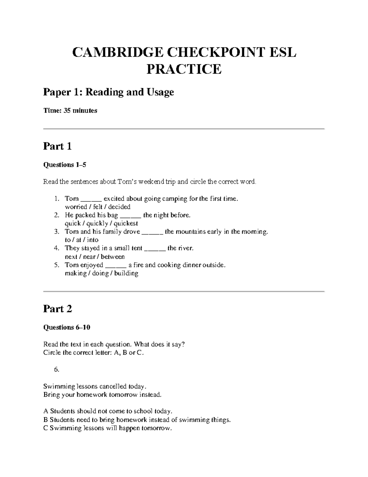 Checkpoint ESL Practice Paper 1: Reading & Usage Guide - Studocu