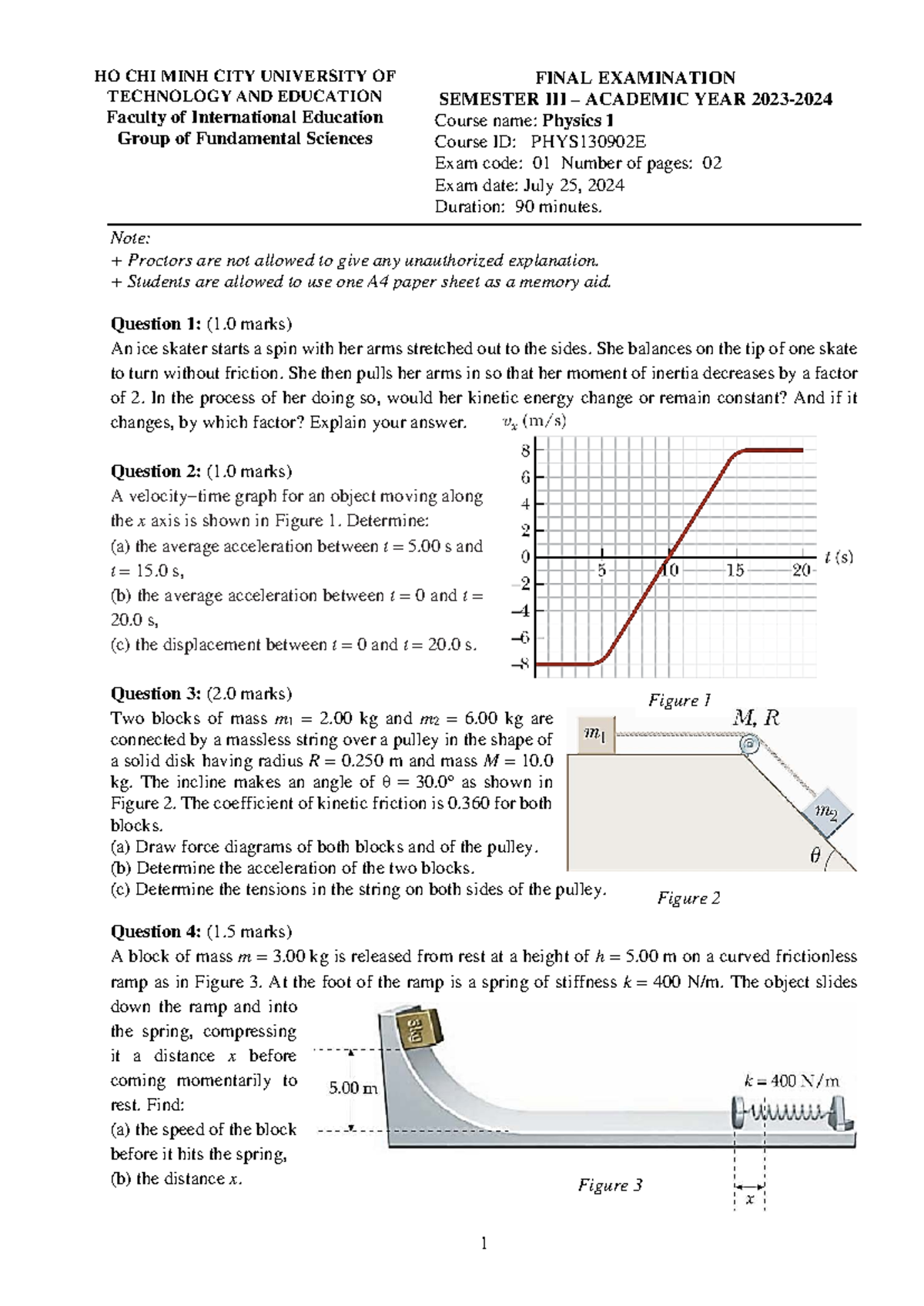 FINAL EXAM PHYS130902E: Physics 1 Answers for Semester 2023-24 - Studocu