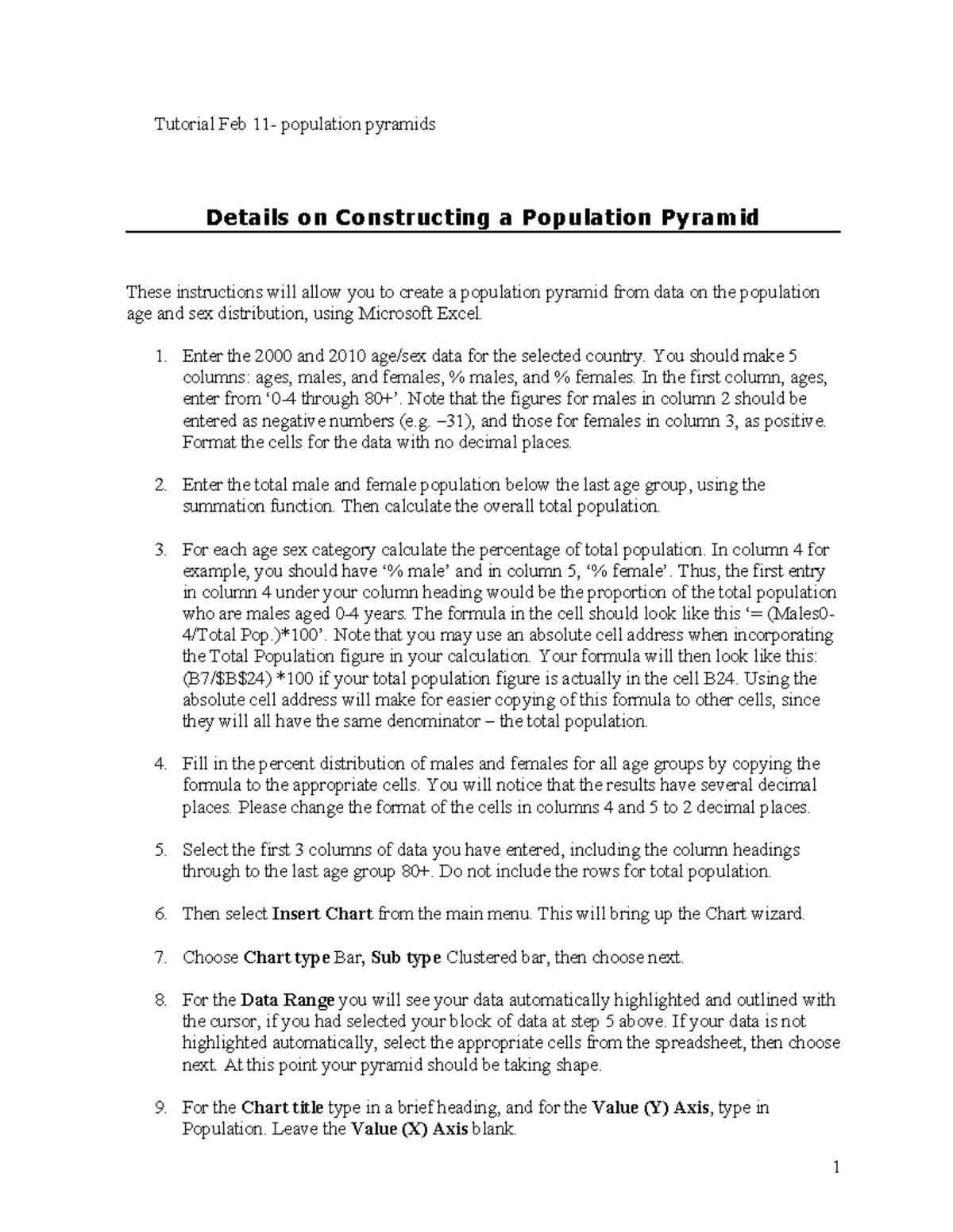 Tutorial Feb: Constructing a Population Pyramid in Excel - Studocu