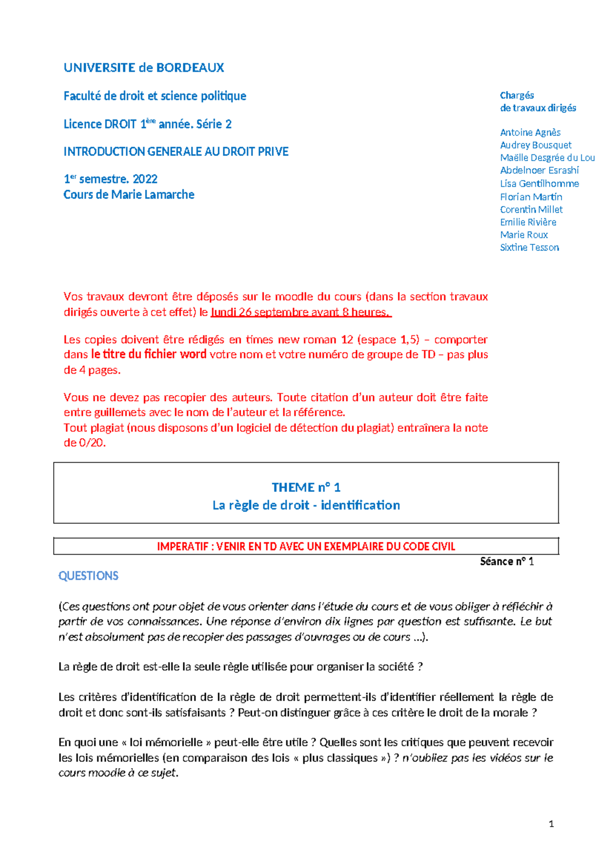 TD 1: Introduction Générale au Droit - Licence 1ère Année 2022 - Studocu