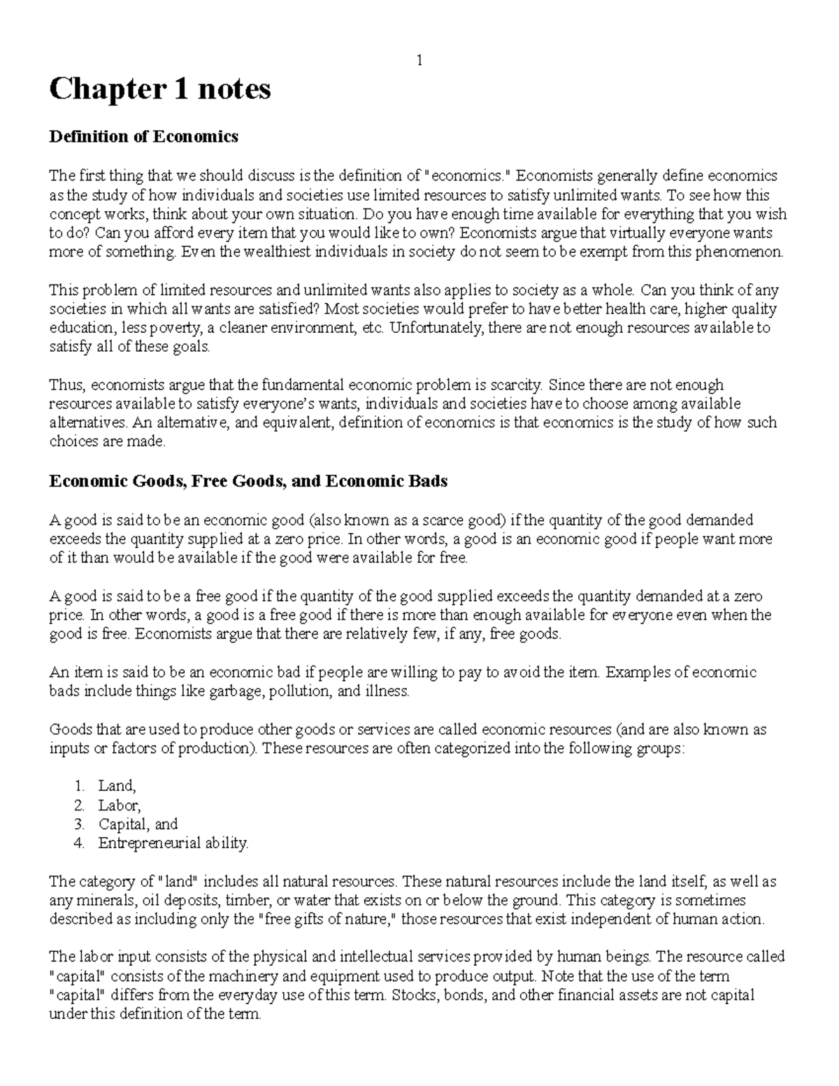 Lectuer notes - ECN1100- Micro Economics - 1 Chapter 1 notes Definition ...