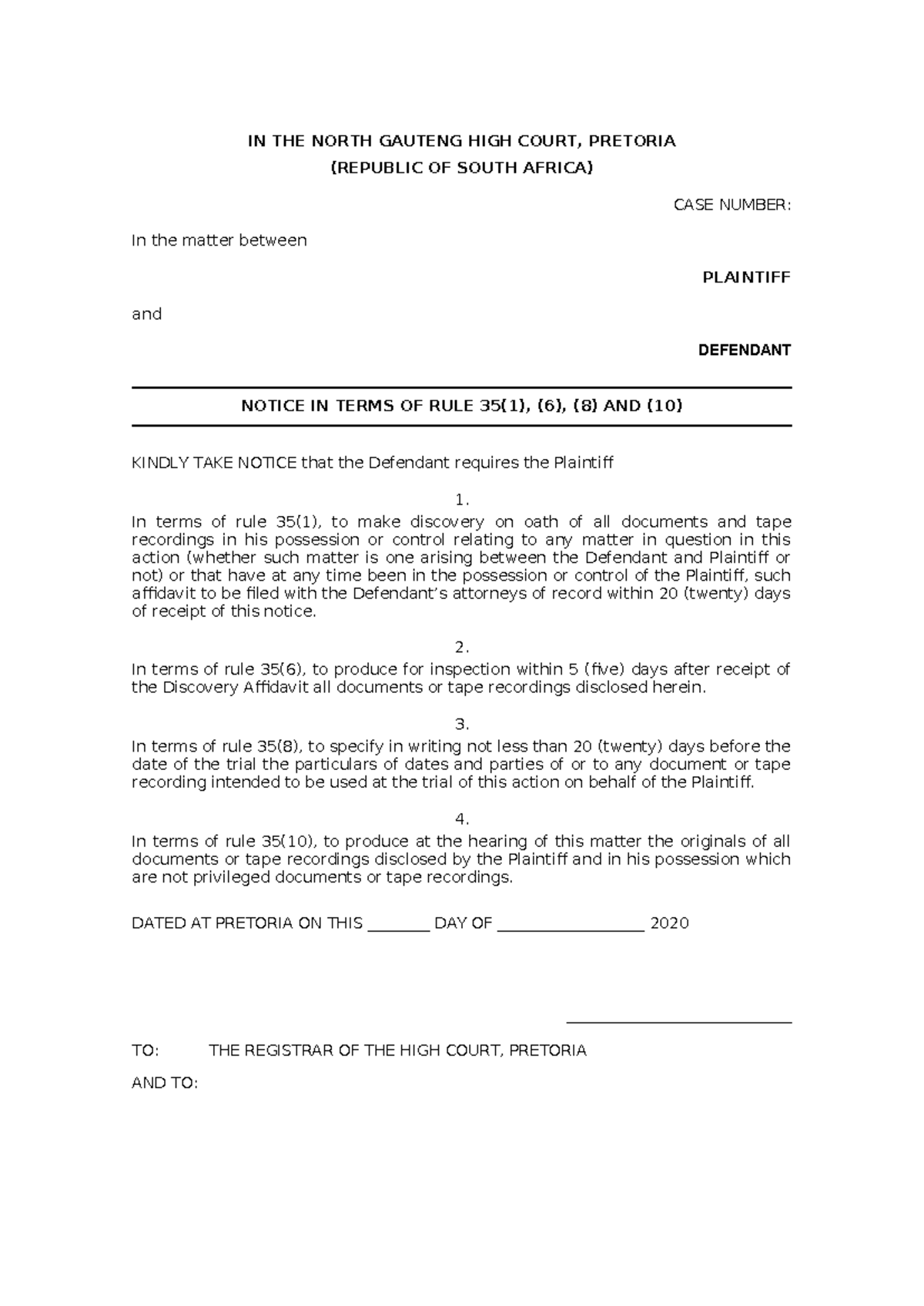 Notice of Rule 35(1) Requirements - Case No: HC10 - Studocu