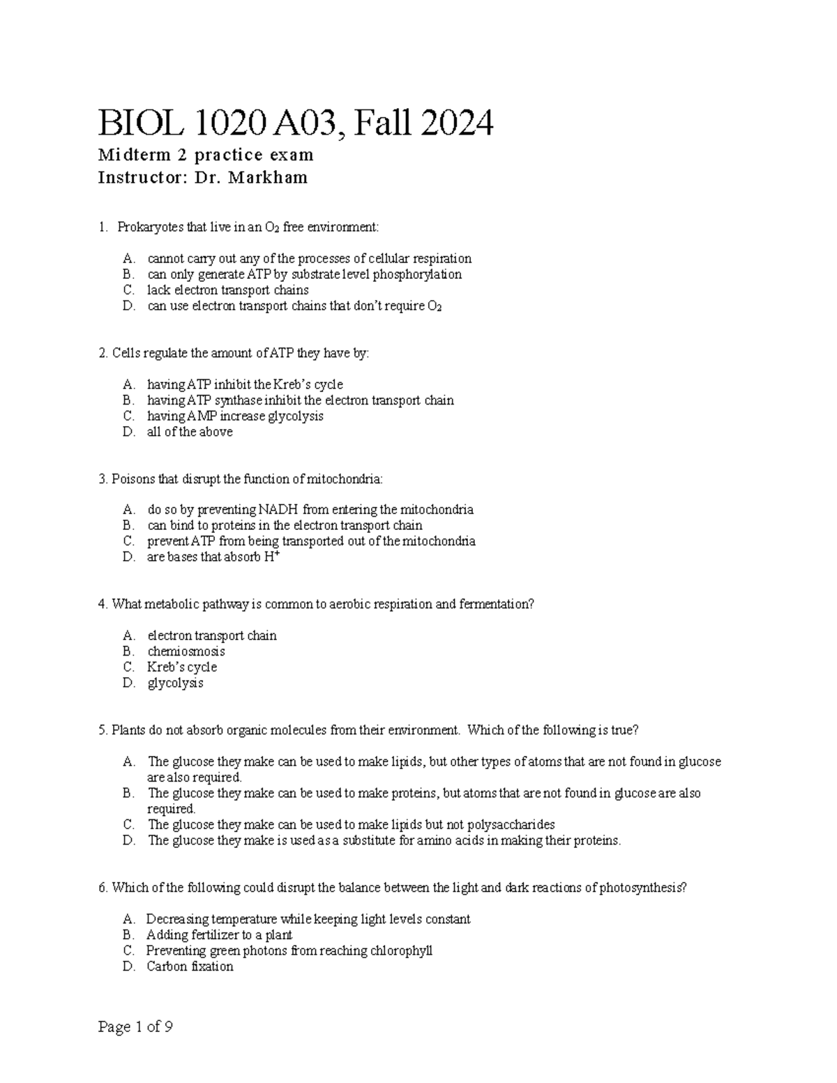 BIOL 1020 A03, Fall 2024 Midterm 2 Practice Exam Review - Studocu
