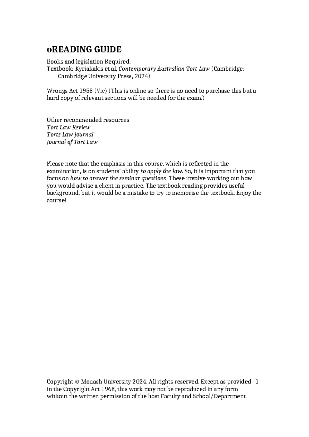 Principles of Torts Law Reading Guide 2024 (LAWS1234) - Studocu
