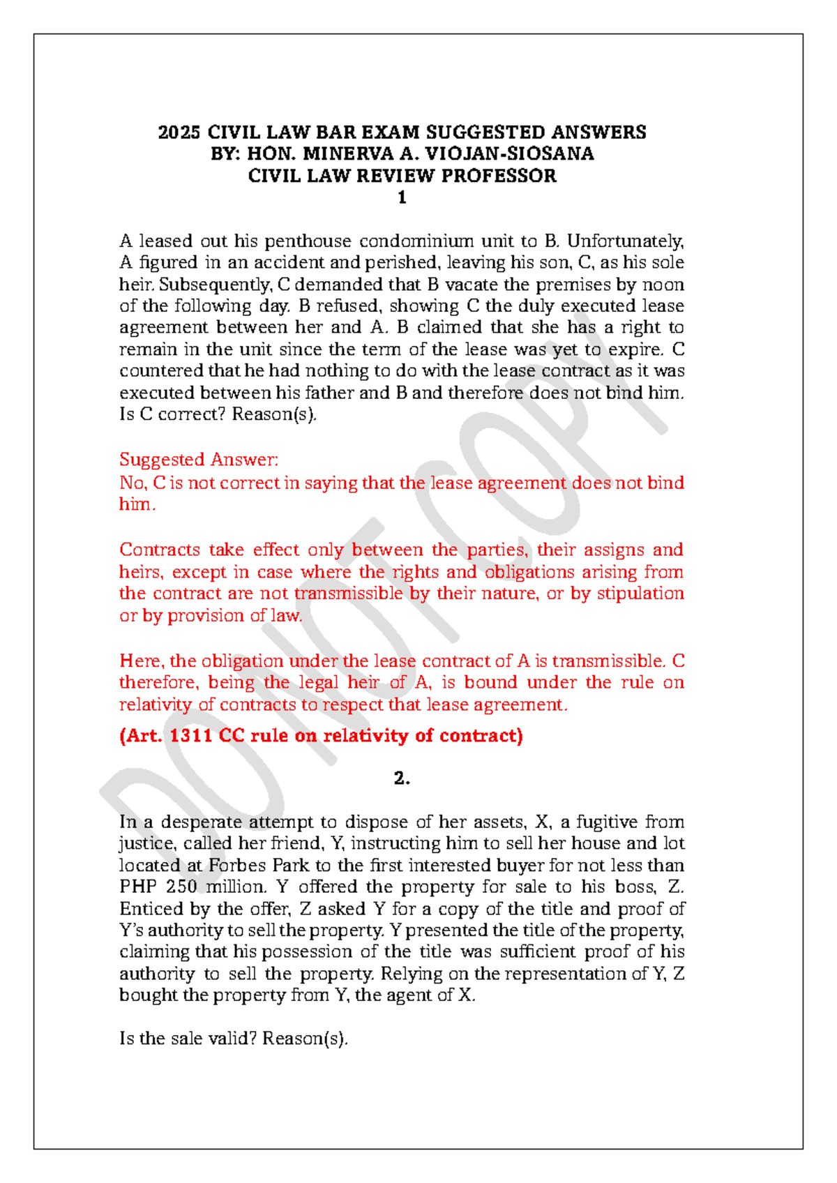 2025 CIVIL LAW BAR EXAM REVIEWER: SUGGESTED ANSWERS & ANALYSIS - Studocu