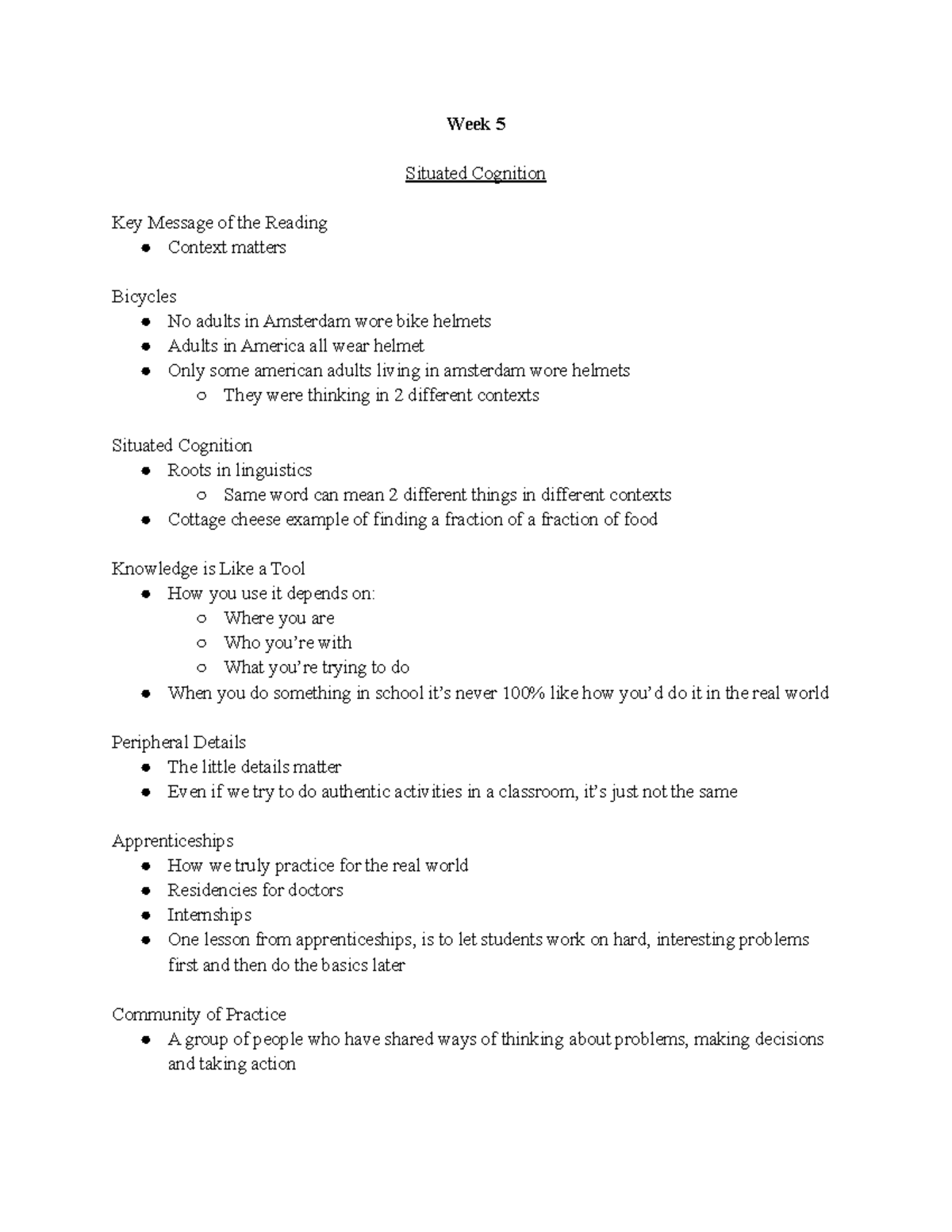 Ed Psych 101 - Week 5 Lecture Notes: Understanding Situated Cognition ...