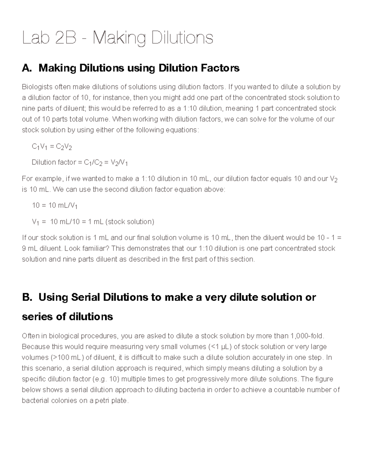Lab 2B - Making Dilutions: Techniques & Practice Problems for Bio 1AL ...