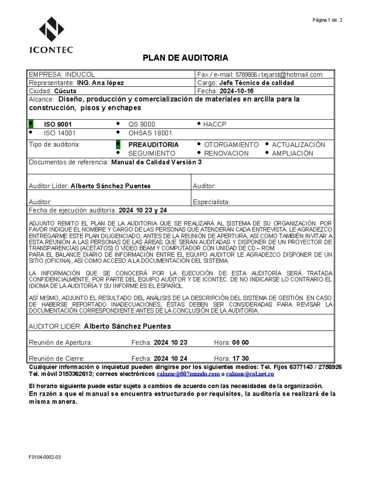 Plan de Auditoría ISO 9001 e ISO 14001 - Inducol 2024 - Studocu
