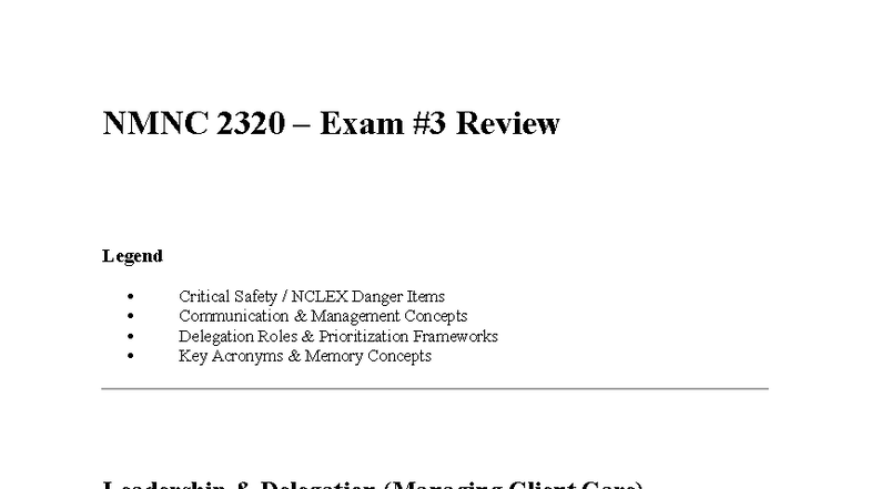 NMNC 2320 Exam #3 Review: Critical Safety & Delegation Concepts - Studocu