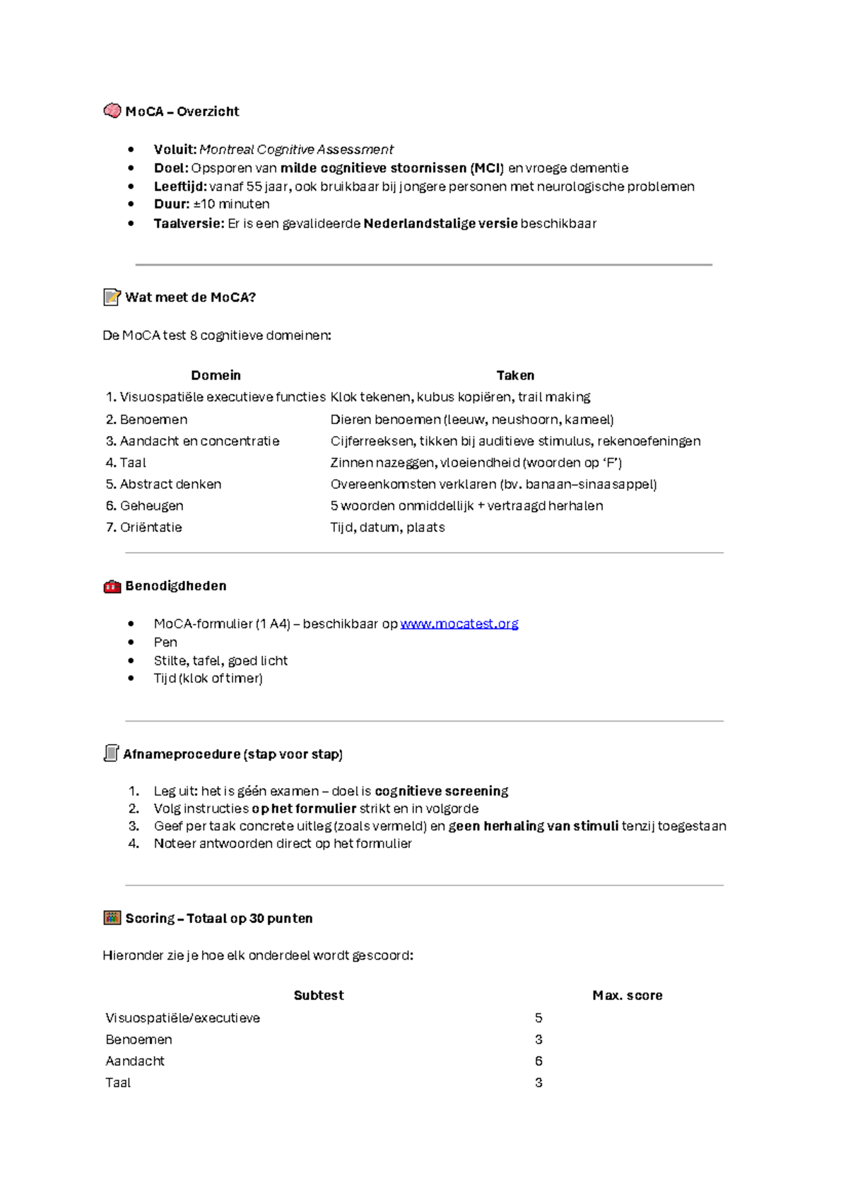 MOCA Testen: Overzicht van de Montreal Cognitive Assessment - Studocu