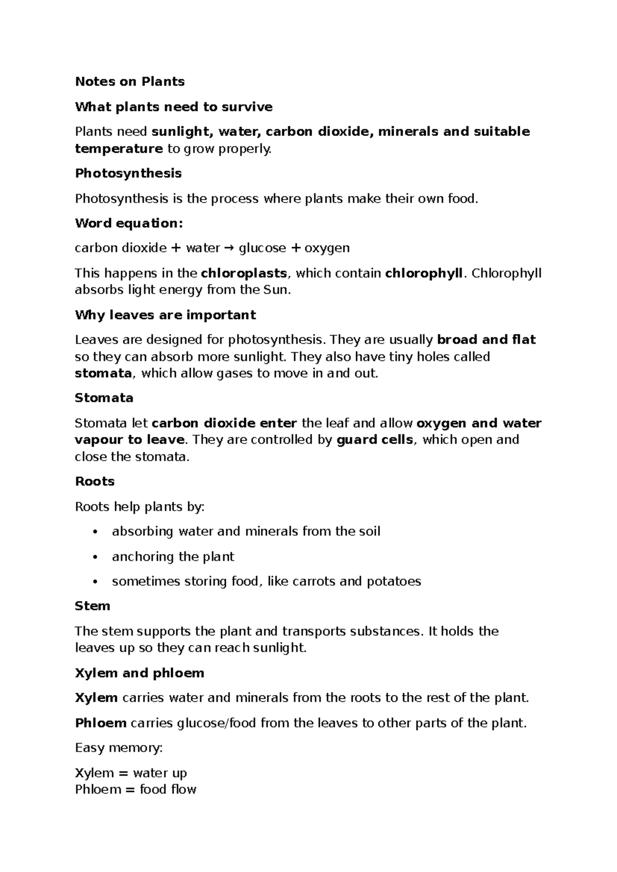 Biology 101: Essential Notes on Plant Survival and Functions - Studocu