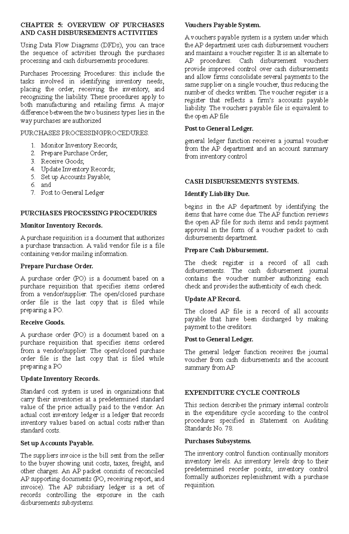 CHAPTER 5-6: OVERVIEW OF PURCHASES & CASH DISBURSEMENTS SYSTEMS - Studocu