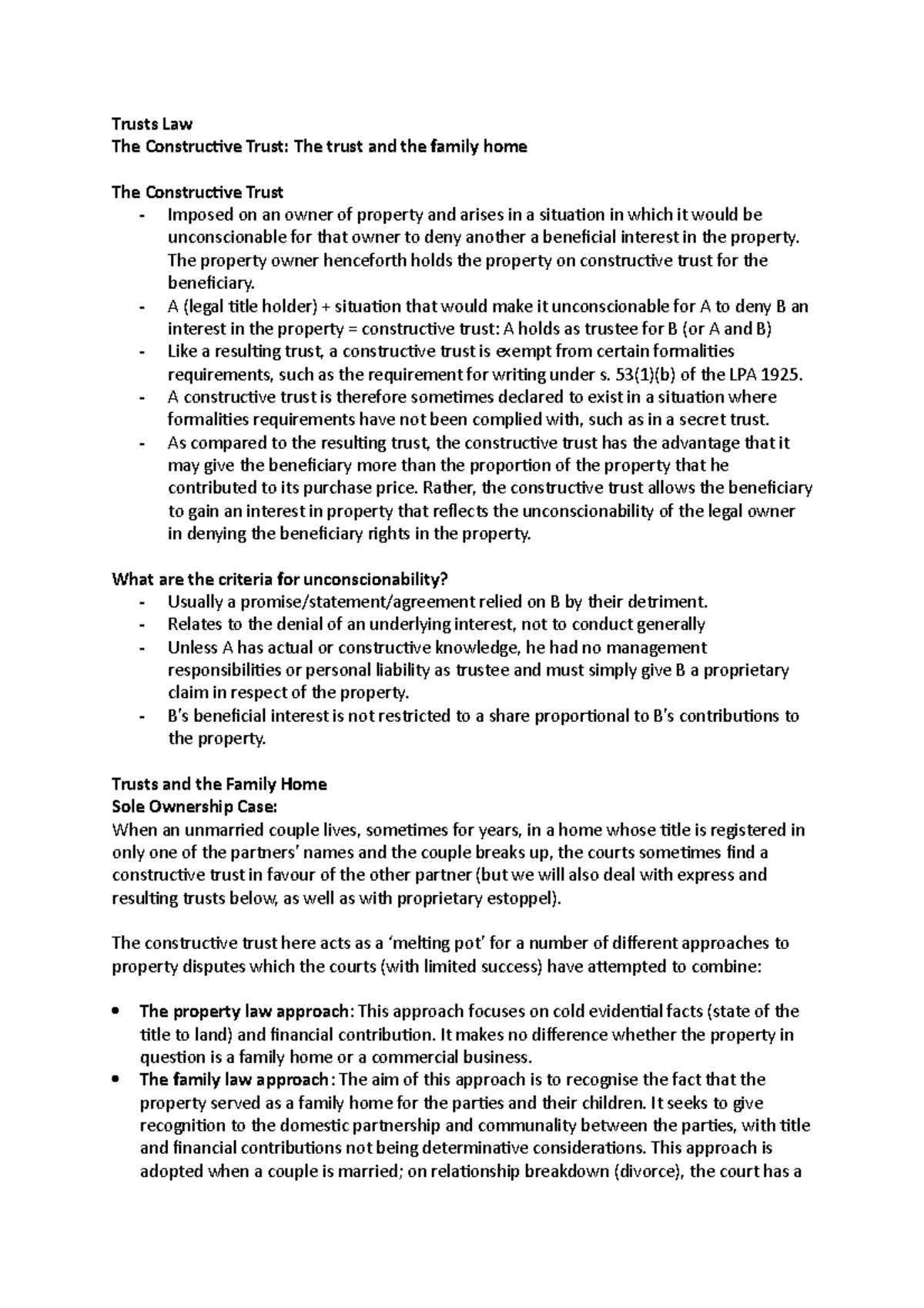 Trusts Law - Constructive Trusts & Family Home Ownership Issues - Studocu