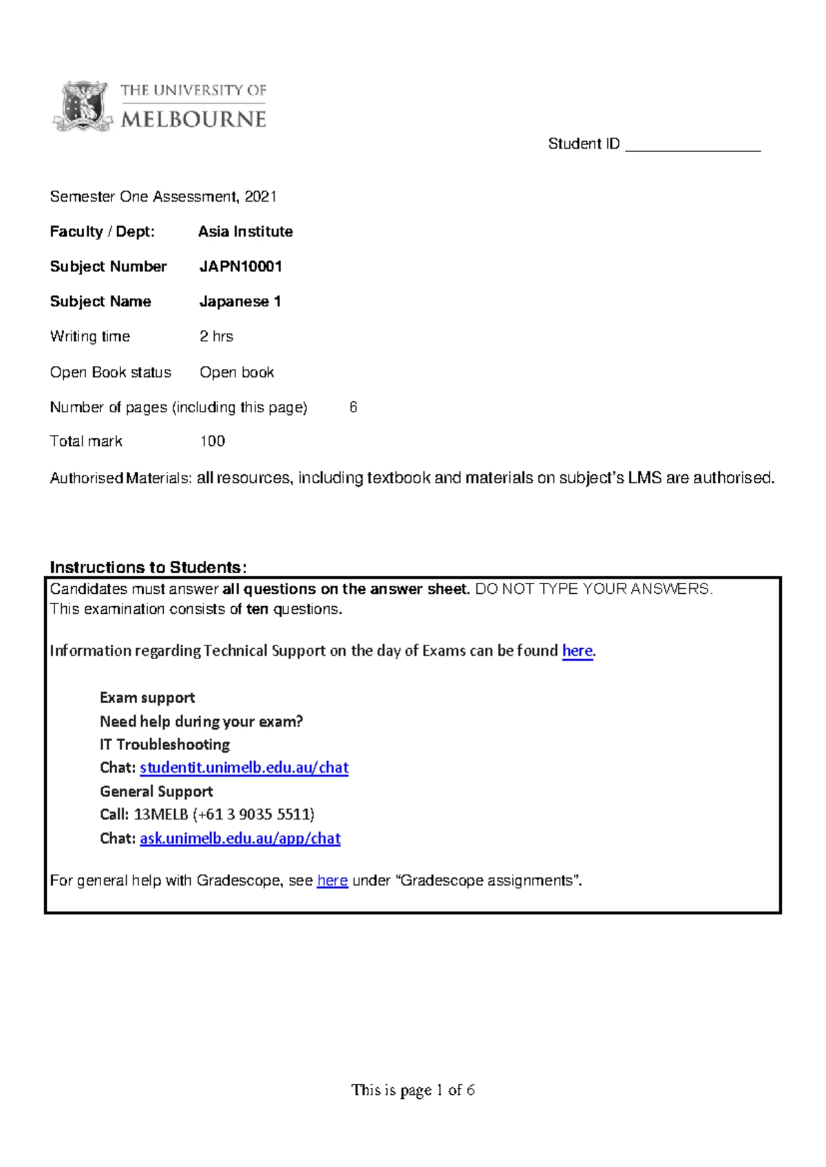Japanese Level 1 Mock Exam Paper 9: Comprehensive Practice Test - Studocu