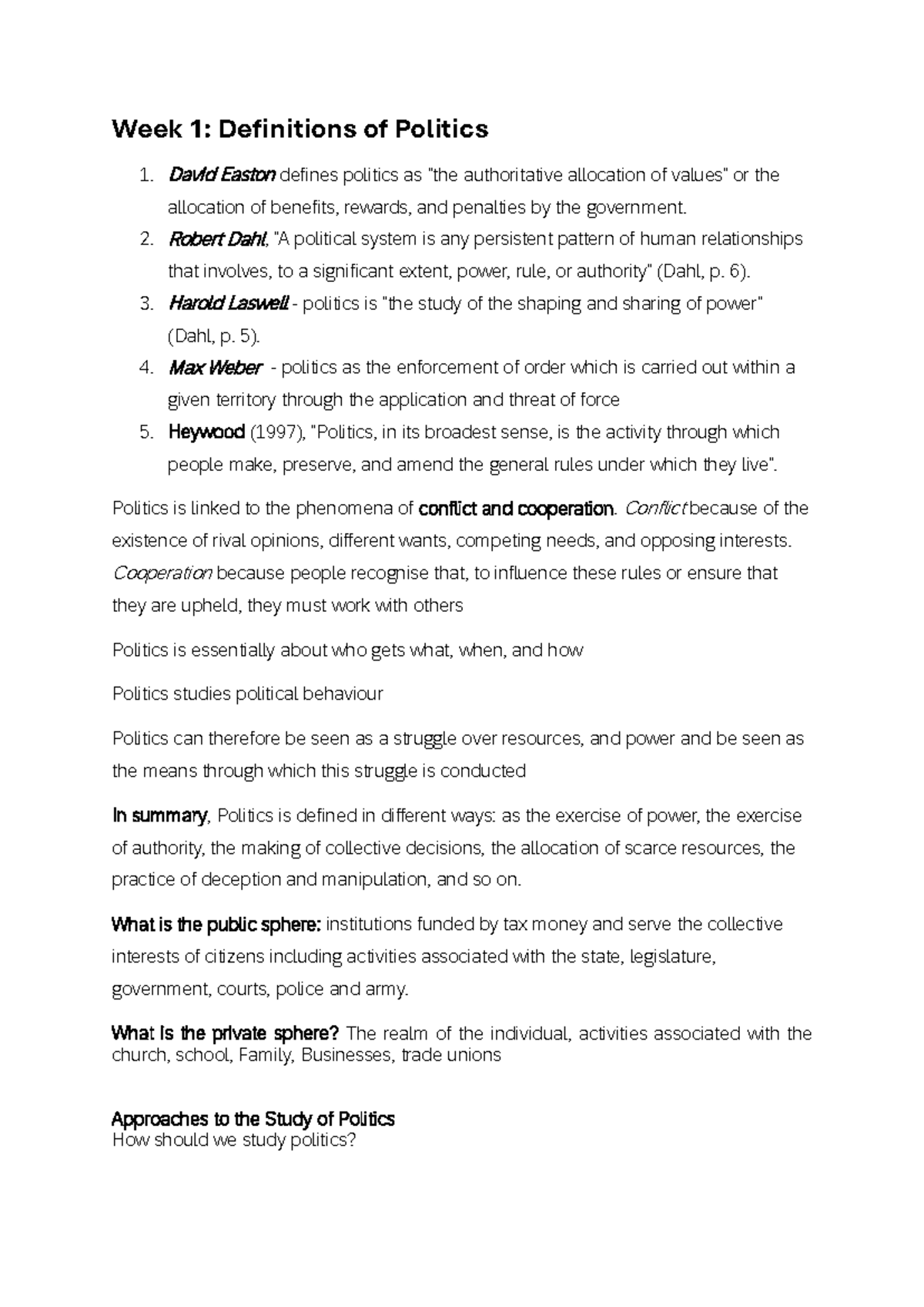 POL1004F - Week 1: Key Definitions and Approaches to Politics - Studocu