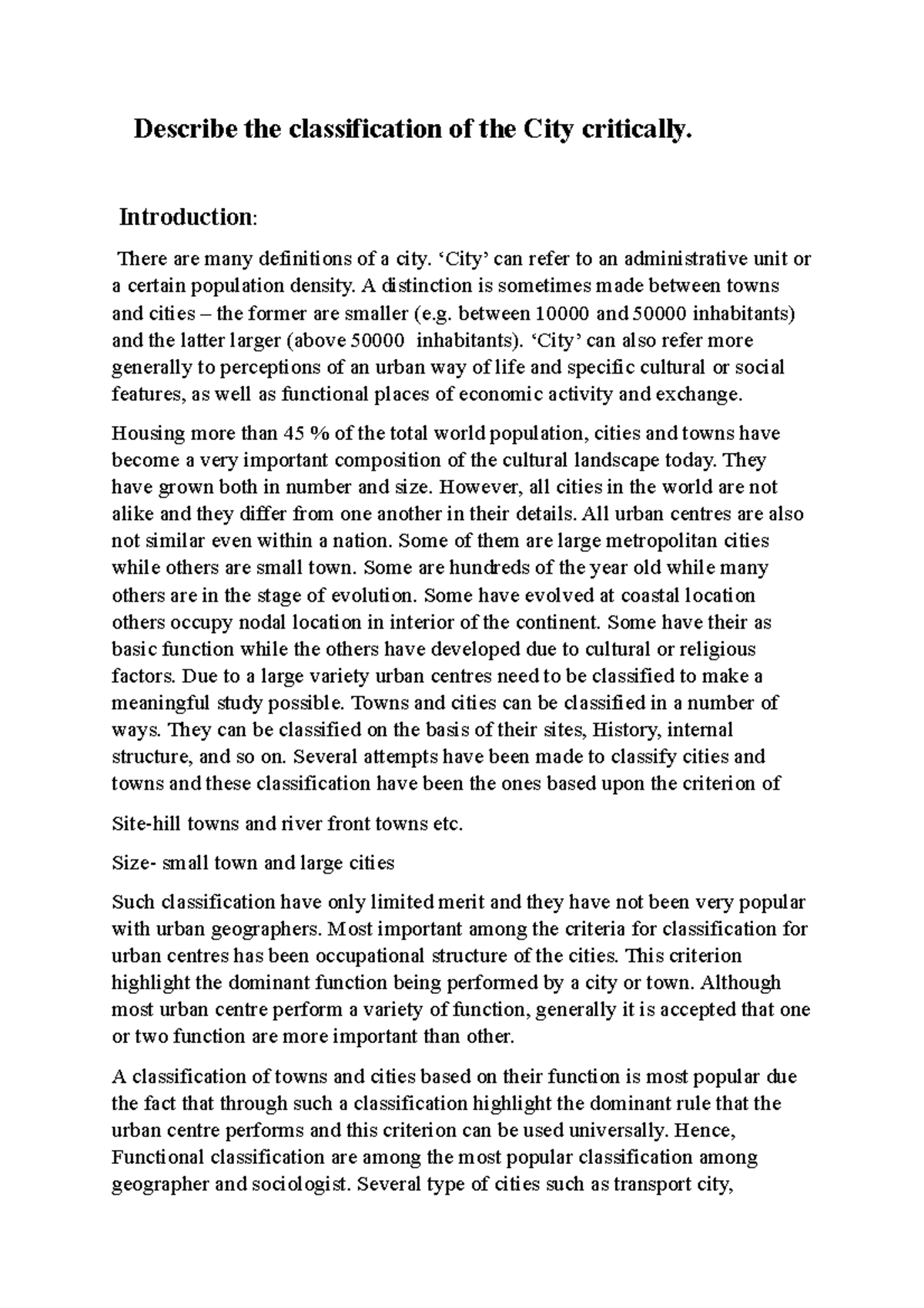 Critical Analysis of the Classification of Indian Cities - Studocu